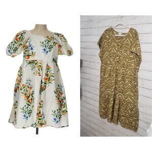 2 Dresses-1X White Floral poof sleeve open back / Olive Floral midi tunic dress
